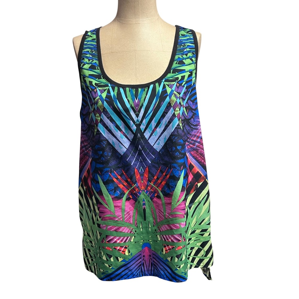 Decree Womens Tropical Geometric Print Tank Top Size L Blue Green Sleeveless